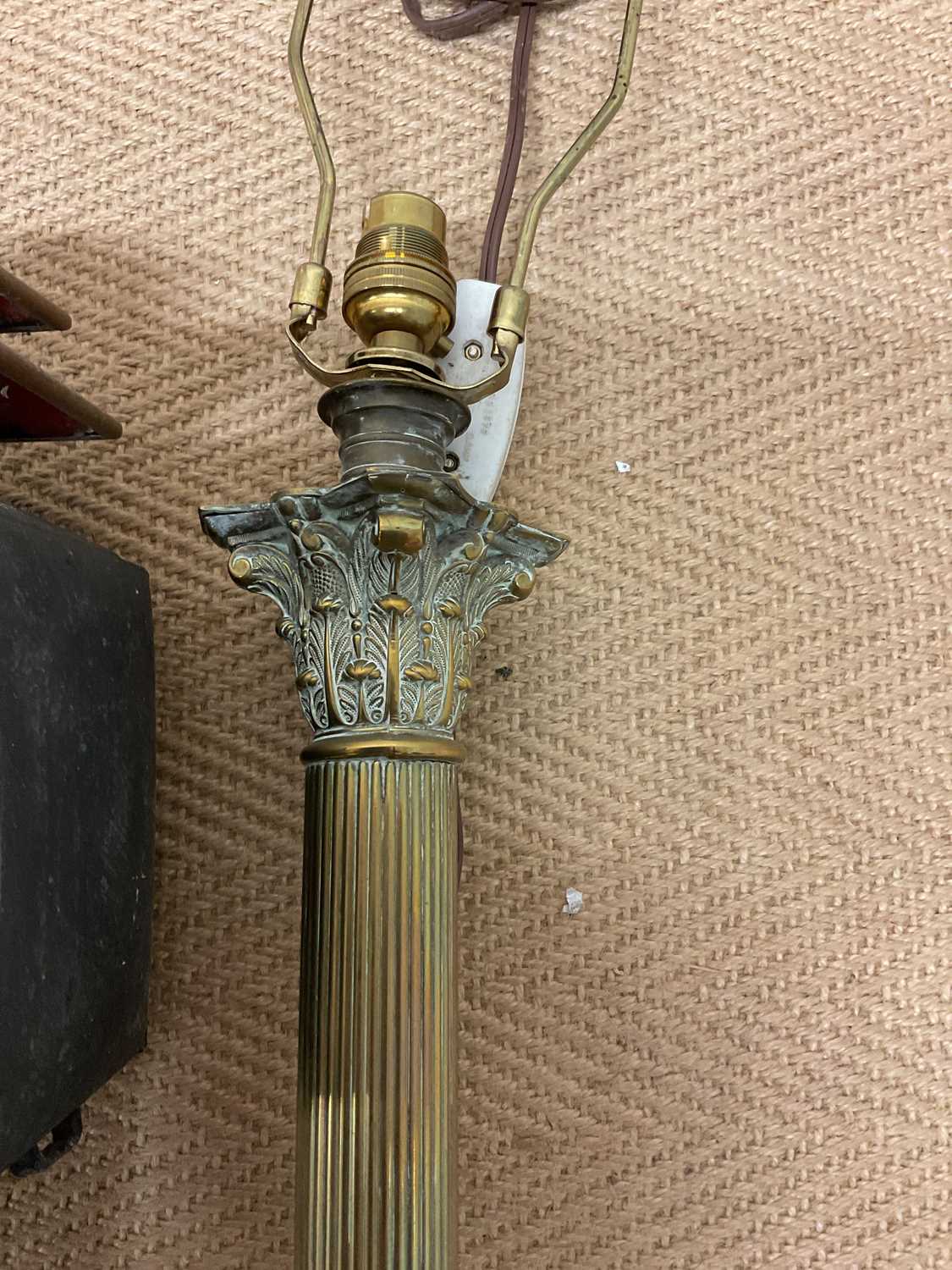 A brass table lamp and two converted carriage lamps, table lamp height 45cm. - Image 3 of 3