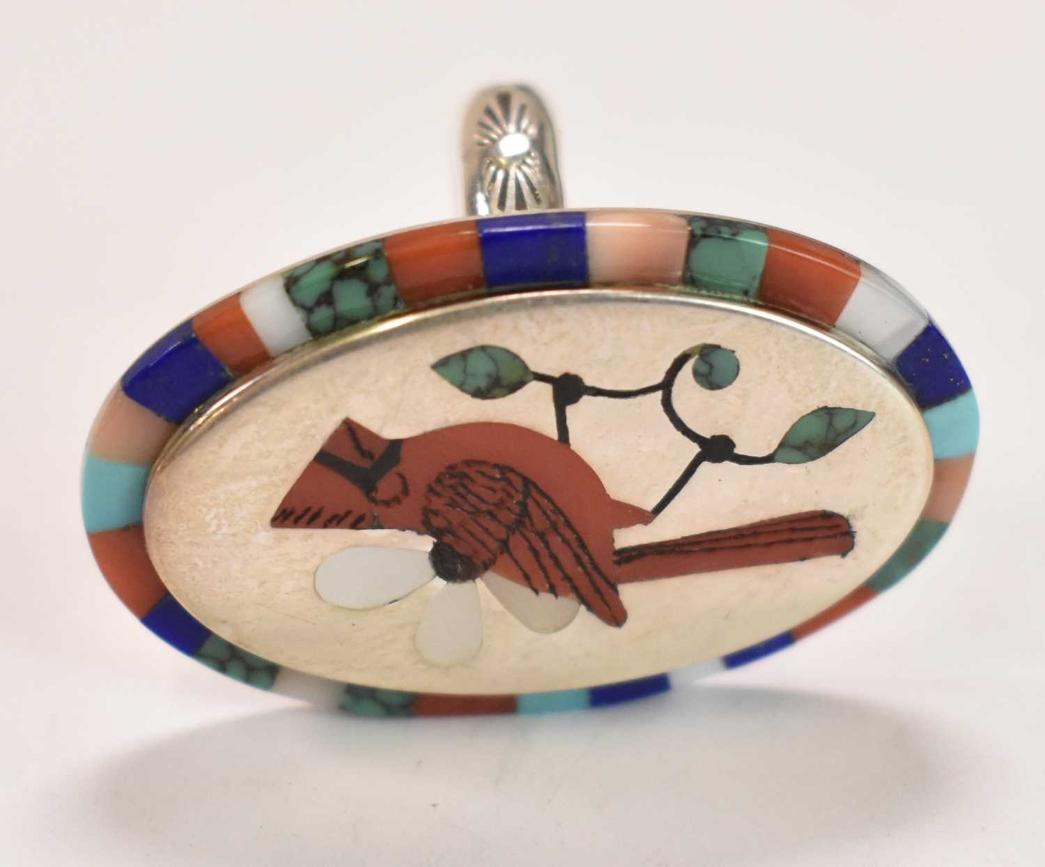 NAVAJO/NATIVE AMERICAN; a sterling silver and polished stone inset circular brooch depicting a bird, - Image 2 of 4