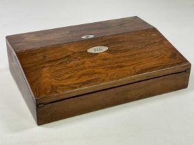 An early Victorian rosewood travelling writing slope, with engraved initials to a mother of pearl