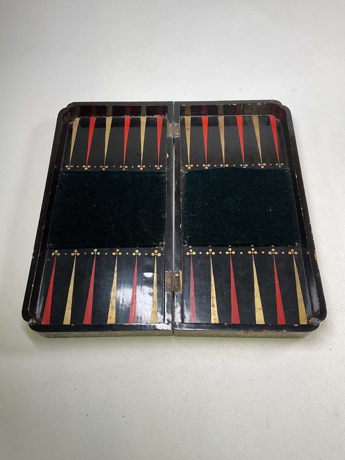 A 19th century lacquered Chinoiserie detailed folding games board, length 42cm (af). - Image 2 of 4