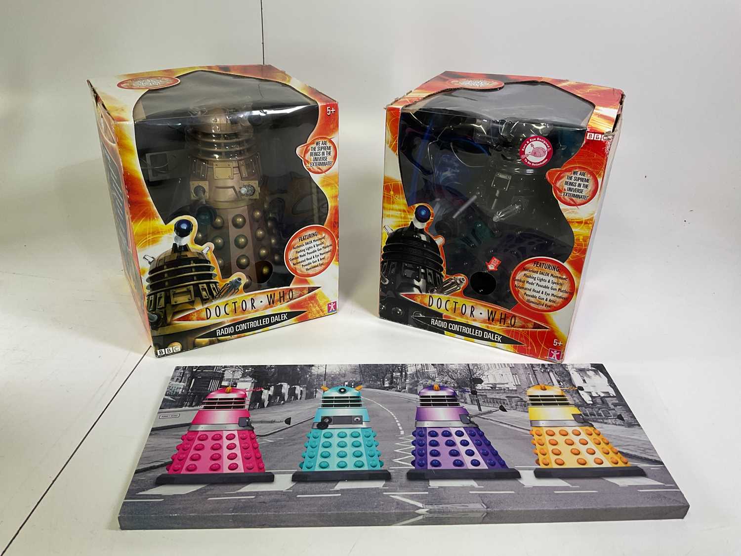 Two boxed 14" remote control toy Daleks in full working order and a canvas print of daleks.