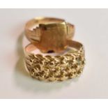 A 9ct yellow gold broad textured ring, size T 1/2, and a 9ct yellow gold signet ring (shank