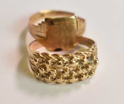 A 9ct yellow gold broad textured ring, size T 1/2, and a 9ct yellow gold signet ring (shank