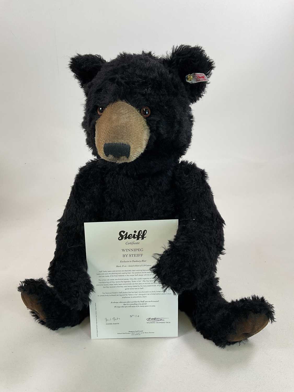 STEIFF; a large black bear, white tag 664618 with certificate, exclusive to Danbury Mint, limited