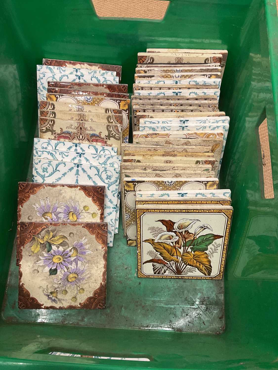 A quantity of 19th century tiles with various floral patterns, each 15.5 x 15.5cm. - Image 2 of 4