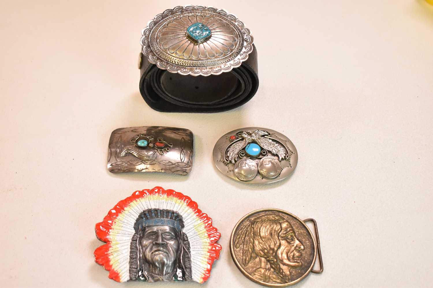 NAVAJO/NATIVE AMERICAN; three white metal belt buckles, each set with turquoise, and two modern - Image 3 of 3