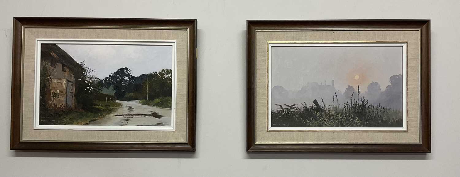 † PAMELA DERRY; pair of oils on board, 'The Sun Came Up' and 'Landscape With Path', both signed, one