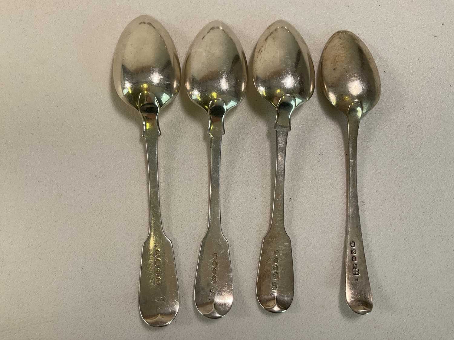 WILLIAM ELEY; a set of three George IV hallmarked silver fiddle pattern tablespoons, a matched set - Image 10 of 12