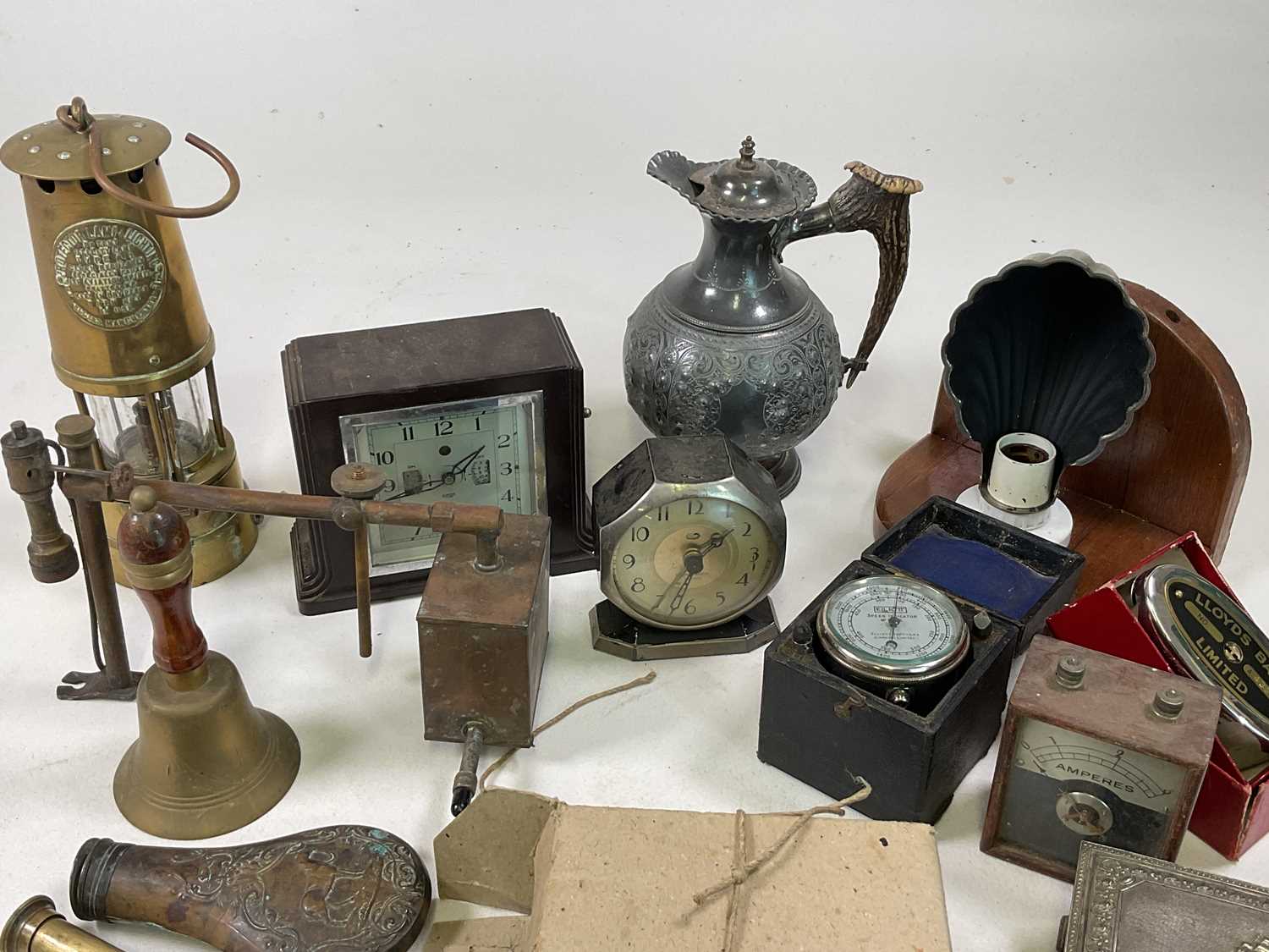 A collectors' lot including a pair of brass Art Nouveau wall mounted candleholders, powder flasks, - Image 2 of 3