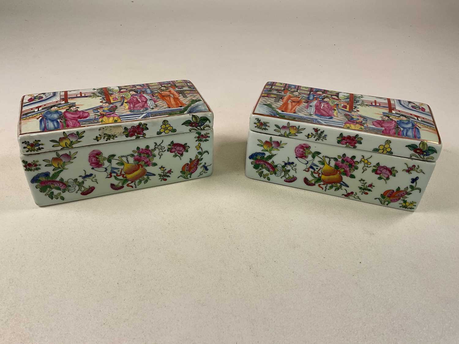 A Canton Famille Rose pair of boxes 20 x 9 x 9.5cm, also a Chinese scroll, 160 x 44cm and - Image 3 of 15