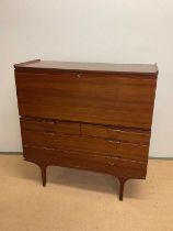 A mid 20th century drop front bureau desk over four drawers, height 112cm, width 110cm, depth 45cm.