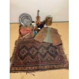 A group of collectors' items including pewter chargers and plates, a quarter size violin, various