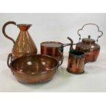 A collection of copperware including a kettle, jug, height 30cm, a two handled bowl and other