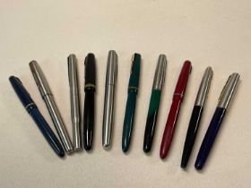 Ten vintage Parker pens including a Duofold, Sonnet, Frontier, 45, etc.
