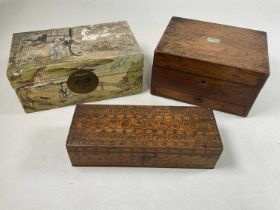 A Victorian rosewood travelling box with drawer to base, height 15cm, width 28cm, an Indian brass