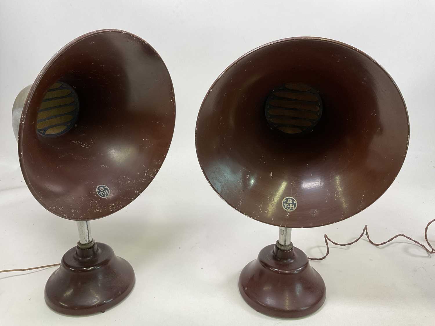 A pair of vintage 1930s table top speakers, marked BTH, Type C2, Form C, patent No 199678, height