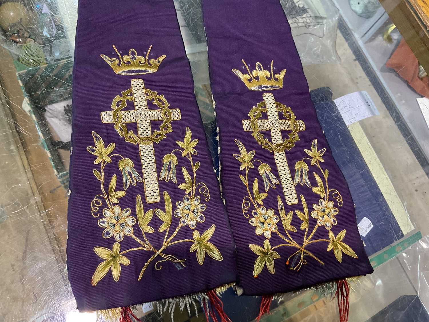 A collectors' lot comprising a quantity of embroidered vestments (af), three violin bows, a crucifix - Image 8 of 22