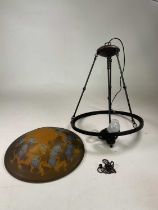 Art Nouveau Tiffany style ceiling light with amber glass shade decorated with blue floral design,