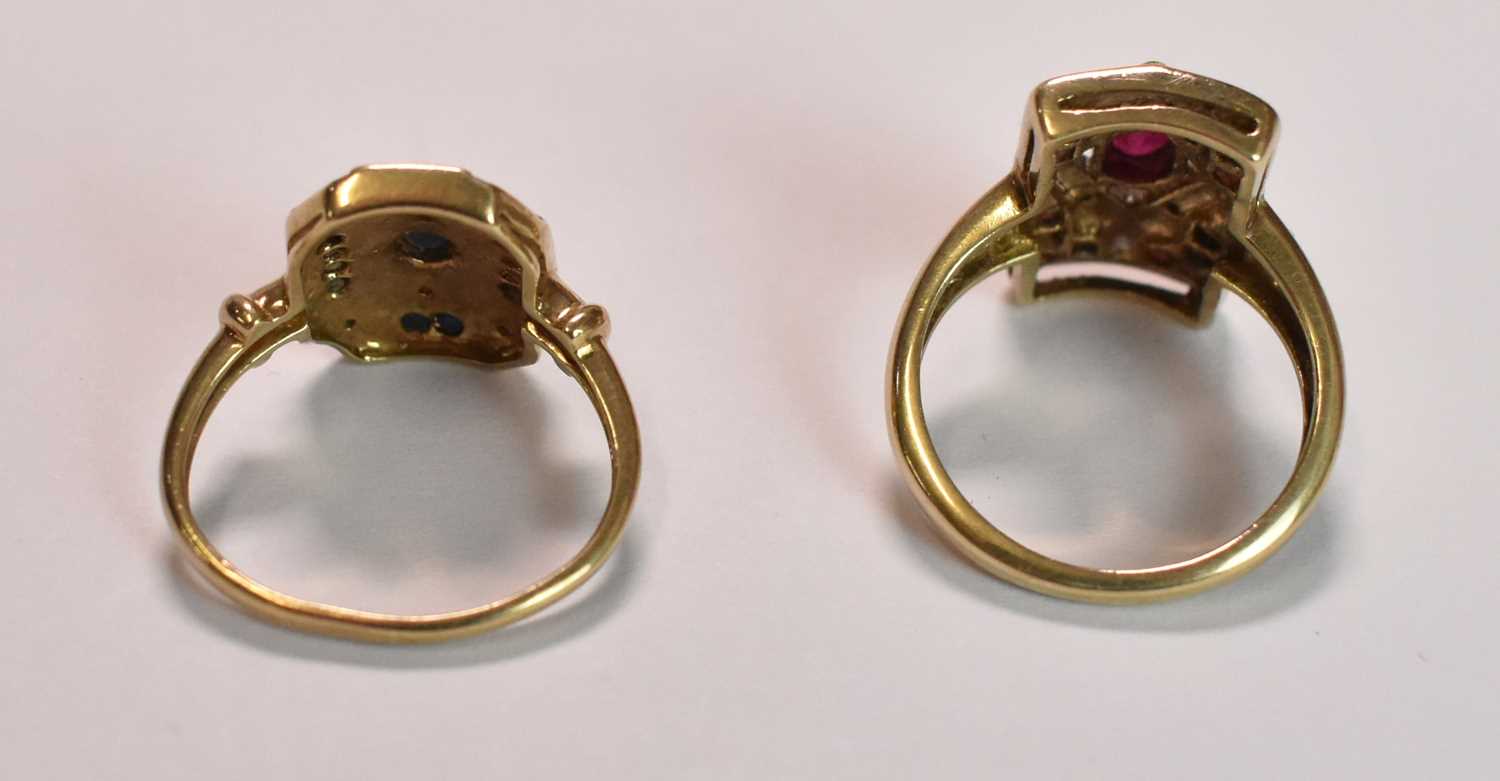 Two 9ct yellow gold Art Deco inspired dress rings, sizes K 1/2 and J, (the blue stone ring - Image 3 of 3