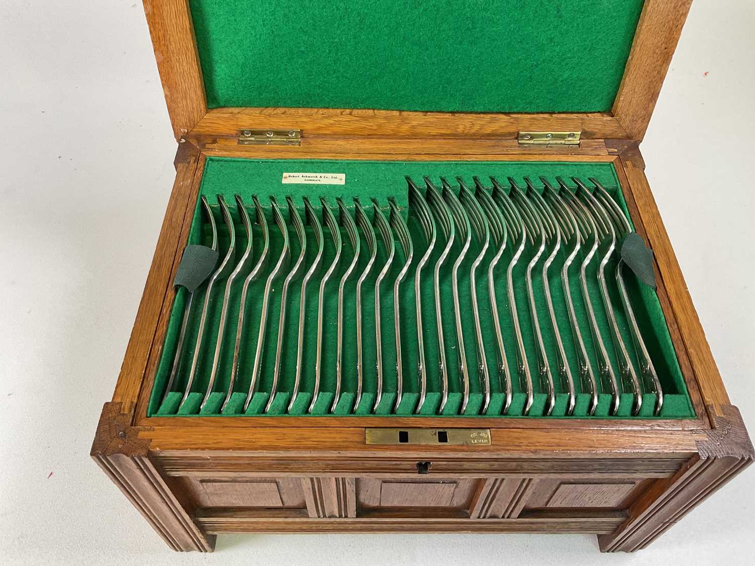 An oak cased canteen of silver plated cutlery, the case unusually modelled as a coffer. - Image 3 of 5