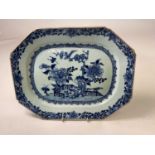 A large circa 1800 Chinese Export blue and white meat plate of canted rectangular form, length 37.