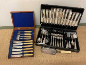 A quantity of boxed plated ware comprising a wooden box with six fish knives and forks and a canteen