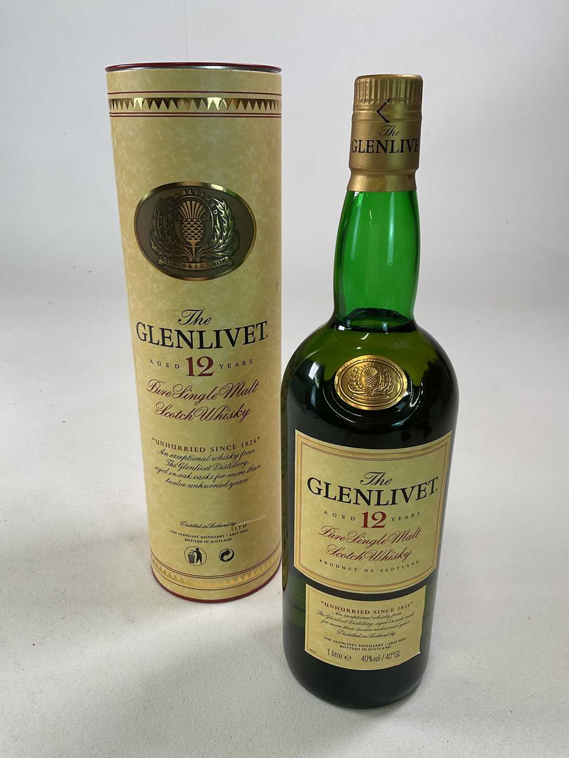 WHISKY; a bottle of The Glenlivet Pure Single Malt Scotch whisky, aged 12 years, 40%, 1 ltr, in