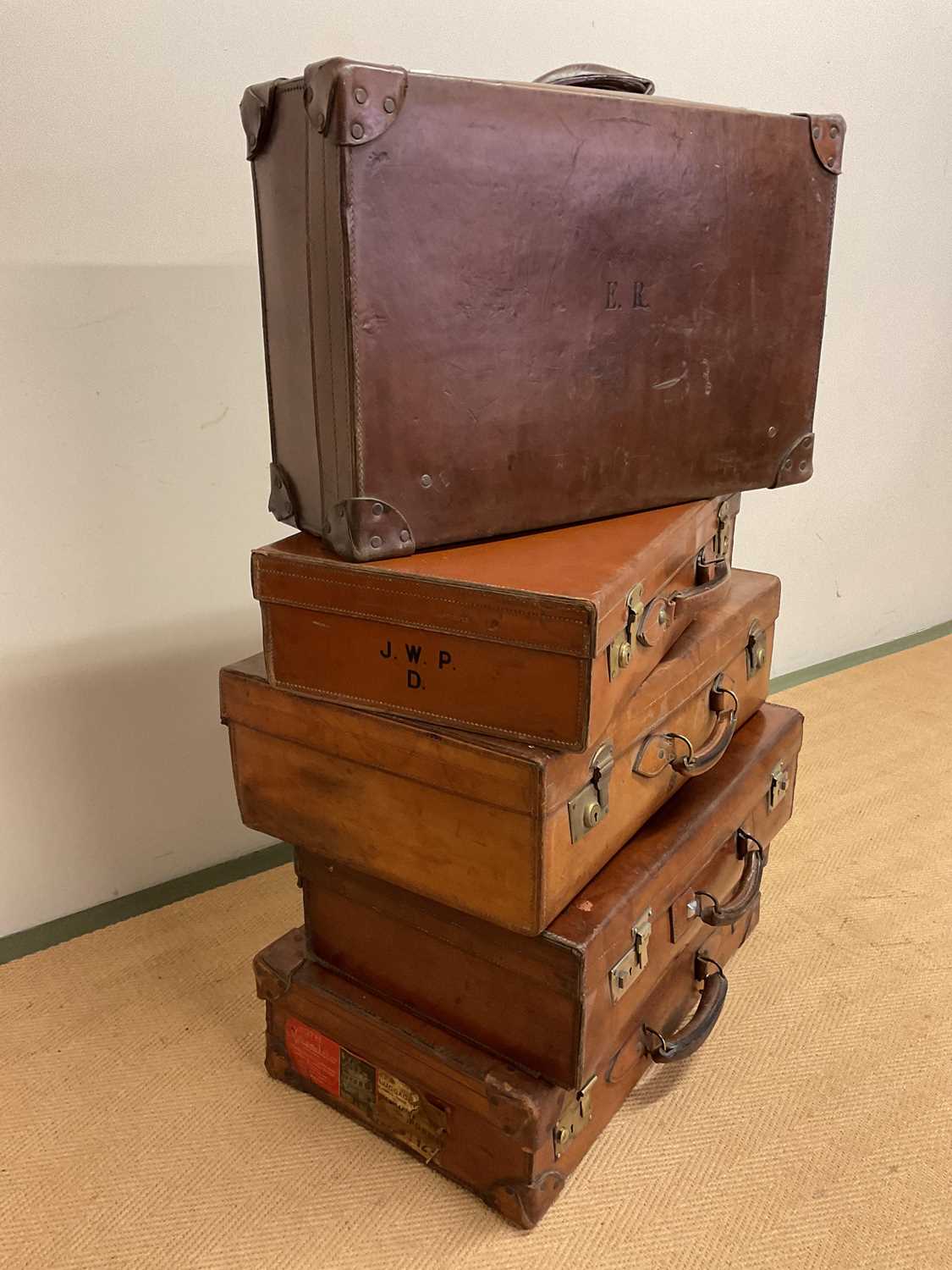 Five 20th century leather suitcases, largest 66 x 41 x 20cm. - Image 2 of 3