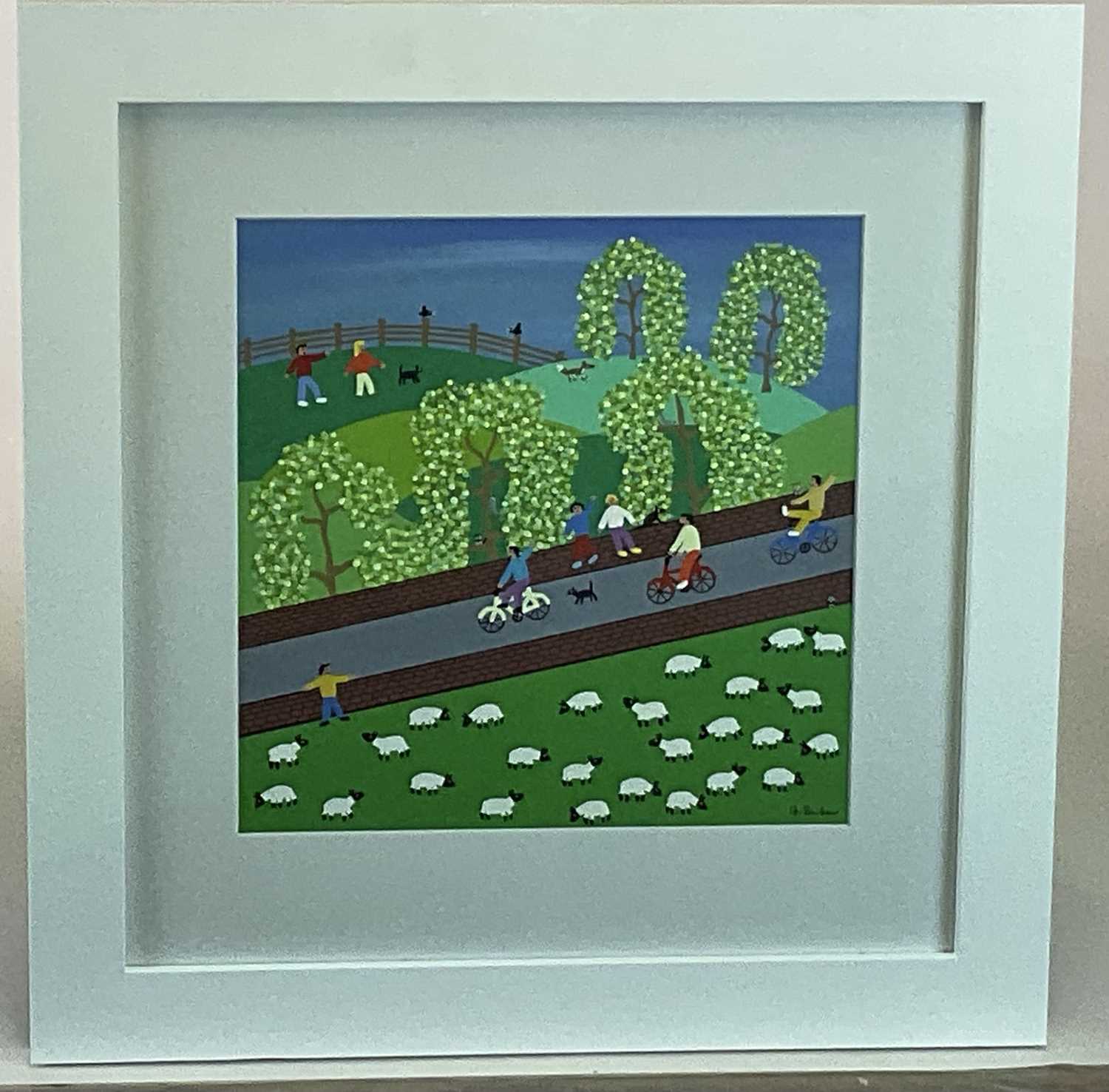 † GORDON BARKER; acrylic on card, landscape with figures cycling, signed, 28 x 28cm, framed and