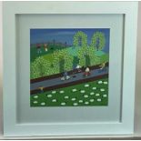 † GORDON BARKER; acrylic on card, landscape with figures cycling, signed, 28 x 28cm, framed and