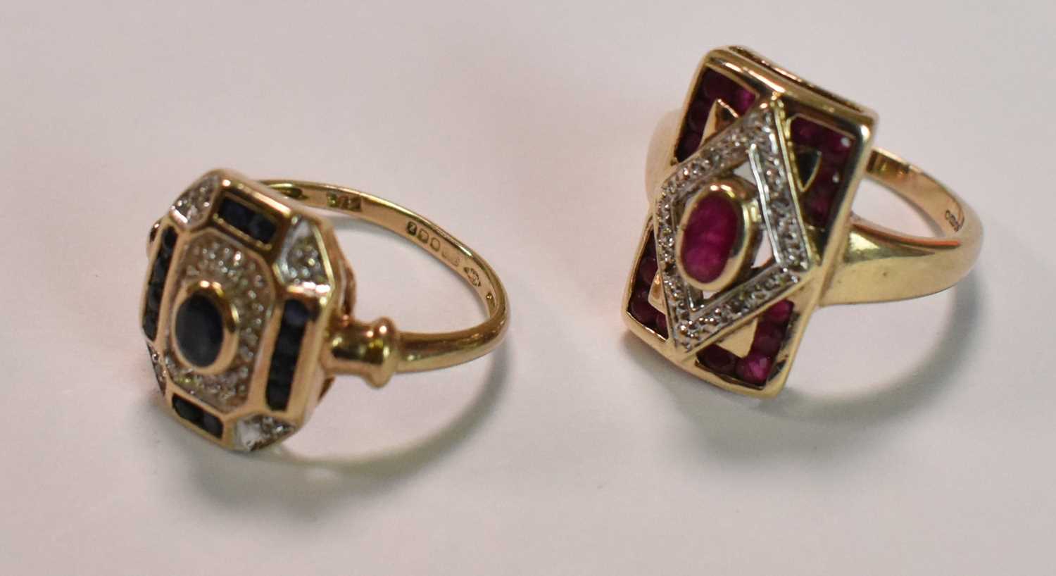 Two 9ct yellow gold Art Deco inspired dress rings, sizes K 1/2 and J, (the blue stone ring - Image 2 of 3