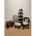 A group of furniture items comprising a corner whatnot, height 162cm, a ladder back chair, a nest of