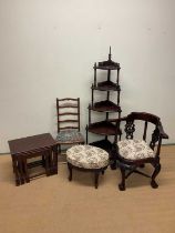 A group of furniture items comprising a corner whatnot, height 162cm, a ladder back chair, a nest of