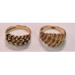 Two 9ct yellow gold rings with domed studded detail, sizes L and K, combined approx 5.9g (2).