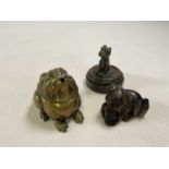 A Chinese gilt brass water dropper modelled as a Chi Chi, signed to base, length 8cm, a soapstone