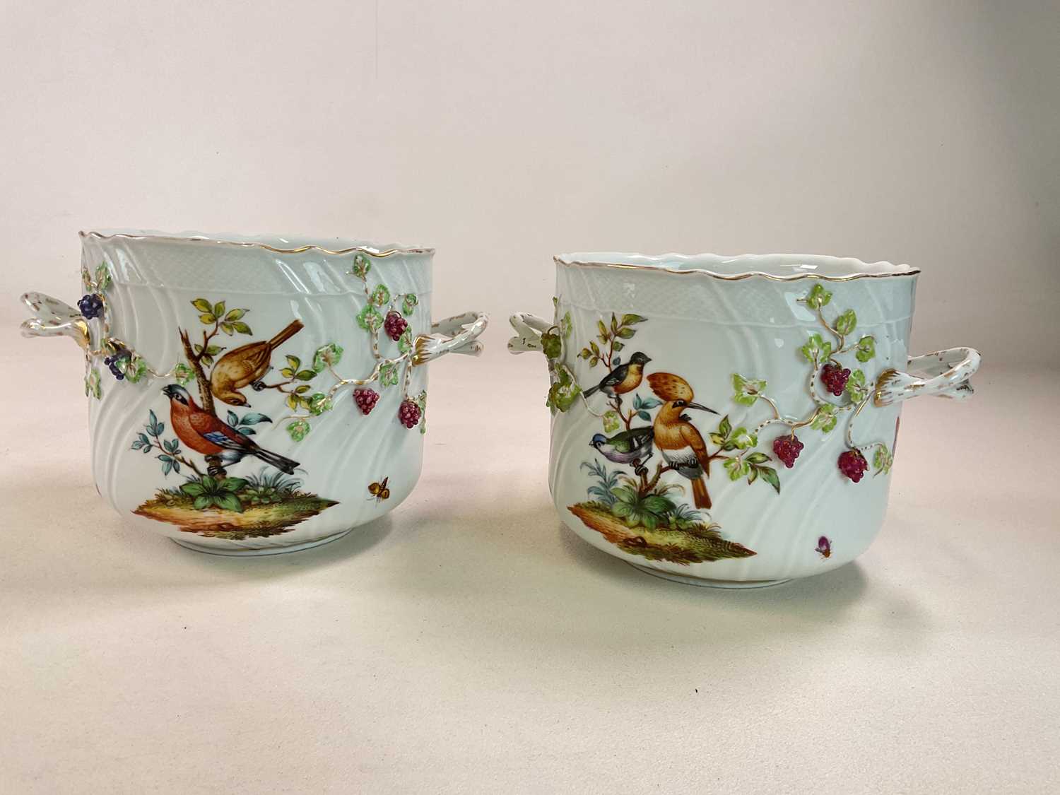 A large pair of circa 1900 German porcelain twin handled jardinières, each decorated with exotic