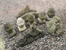 Garden statuary including pin cone finials, animals and a bridge (8)