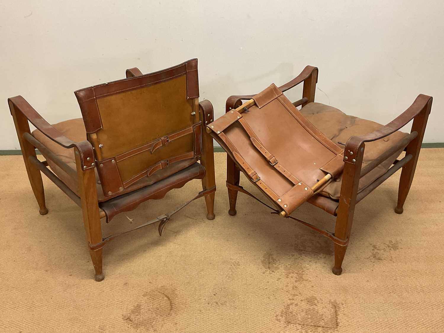 AAGE BRUNO & SON; a pair of mid 20th century Safari chairs constructed of leather and teak, height - Image 2 of 2