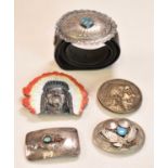 NAVAJO/NATIVE AMERICAN; three white metal belt buckles, each set with turquoise, and two modern