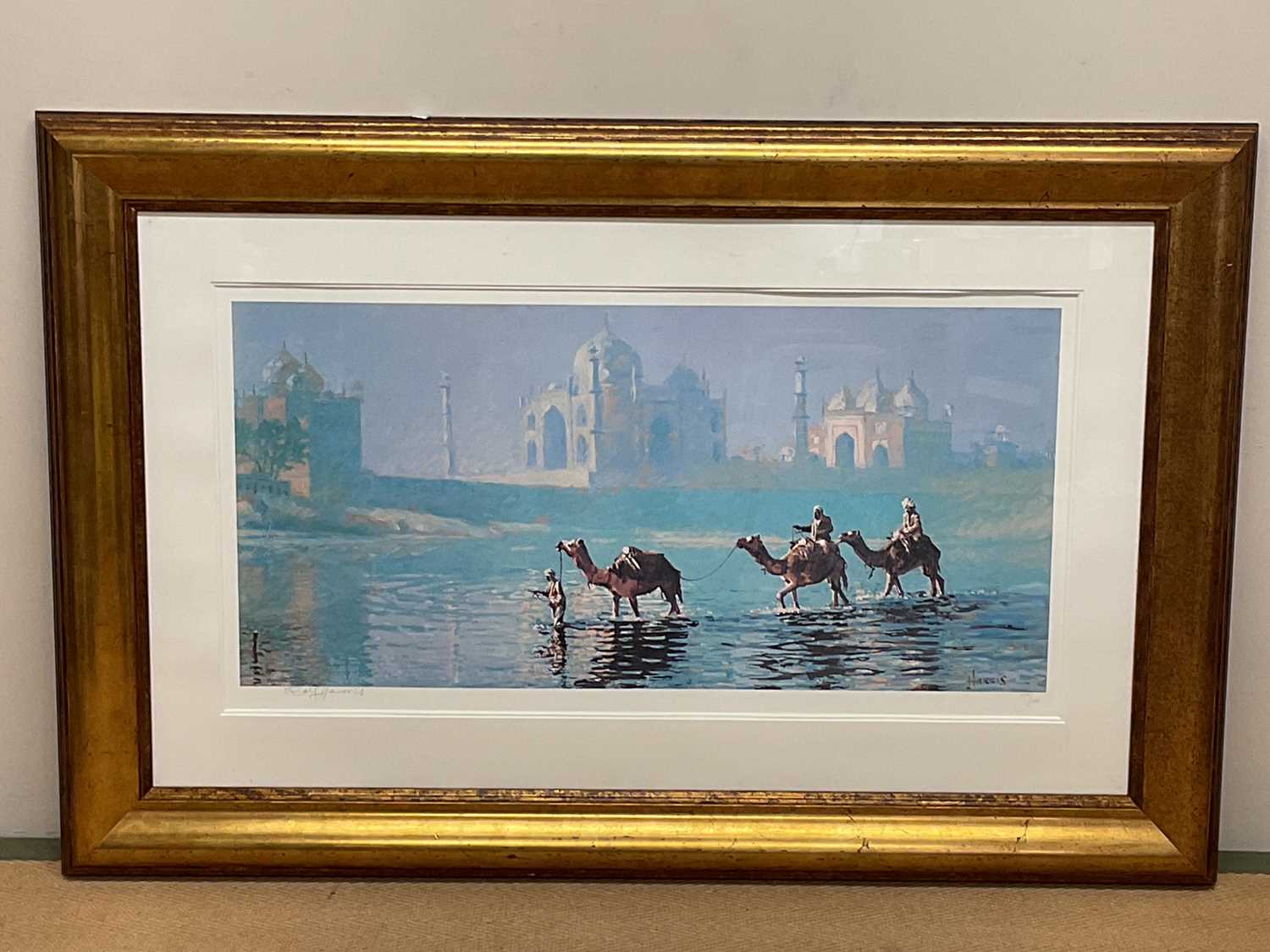 † ROLF HARRIS; a large signed limited edition print, 'Camels at the Taj Mahal', numbered 258/695,