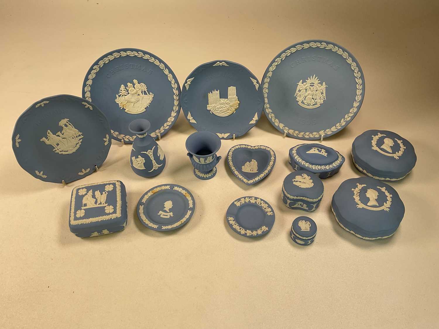 WEDGWOOD; a collection of blue and white jasperware including trinket boxes, commemorative plates