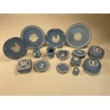 WEDGWOOD; a collection of blue and white jasperware including trinket boxes, commemorative plates