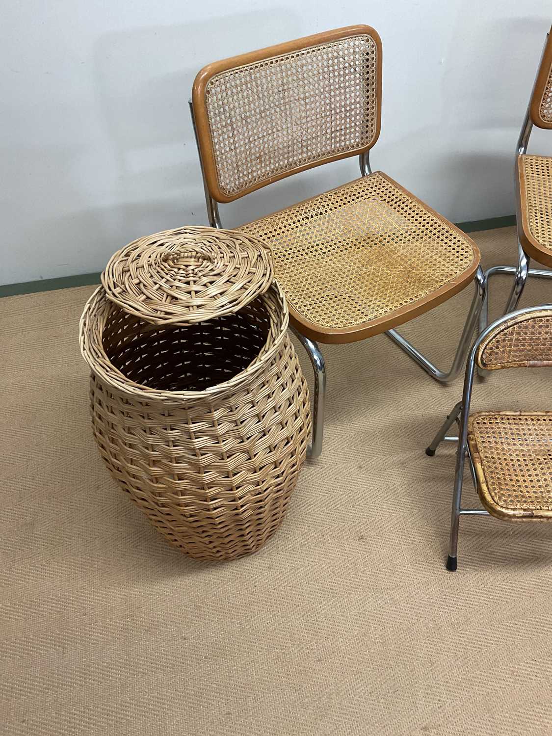 Pair of chrome and rattan chairs, a child's folding rattan chair and various wicker items. - Image 3 of 7