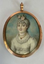 X IN THE MANNER OF RICHARD CROSSE; oval portrait miniature of a young woman with roses in her