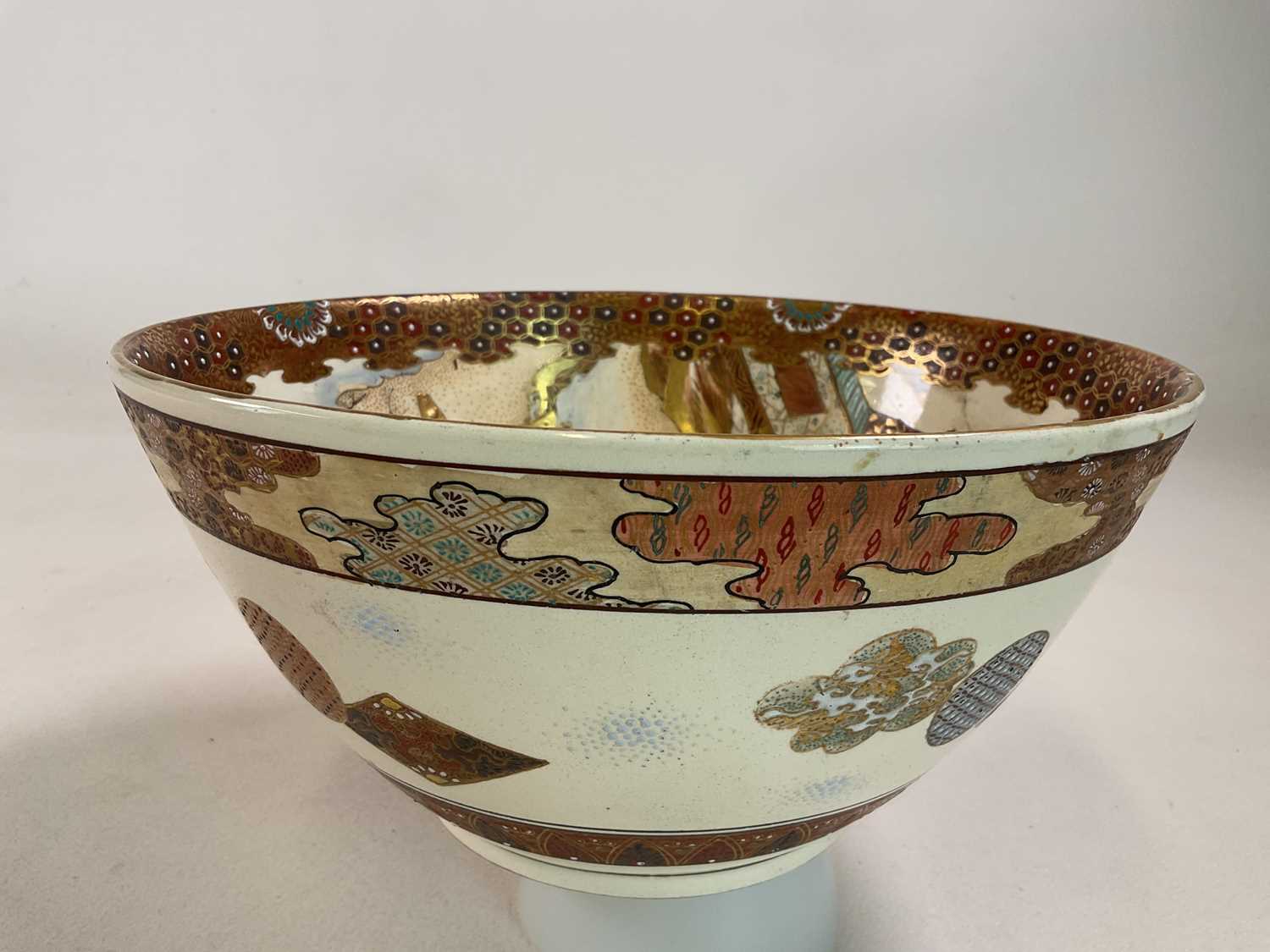 A large Japanese Satsuma bowl, diameter approx 27.5cm, a Satsuma koro and cover and a pair of - Image 3 of 8