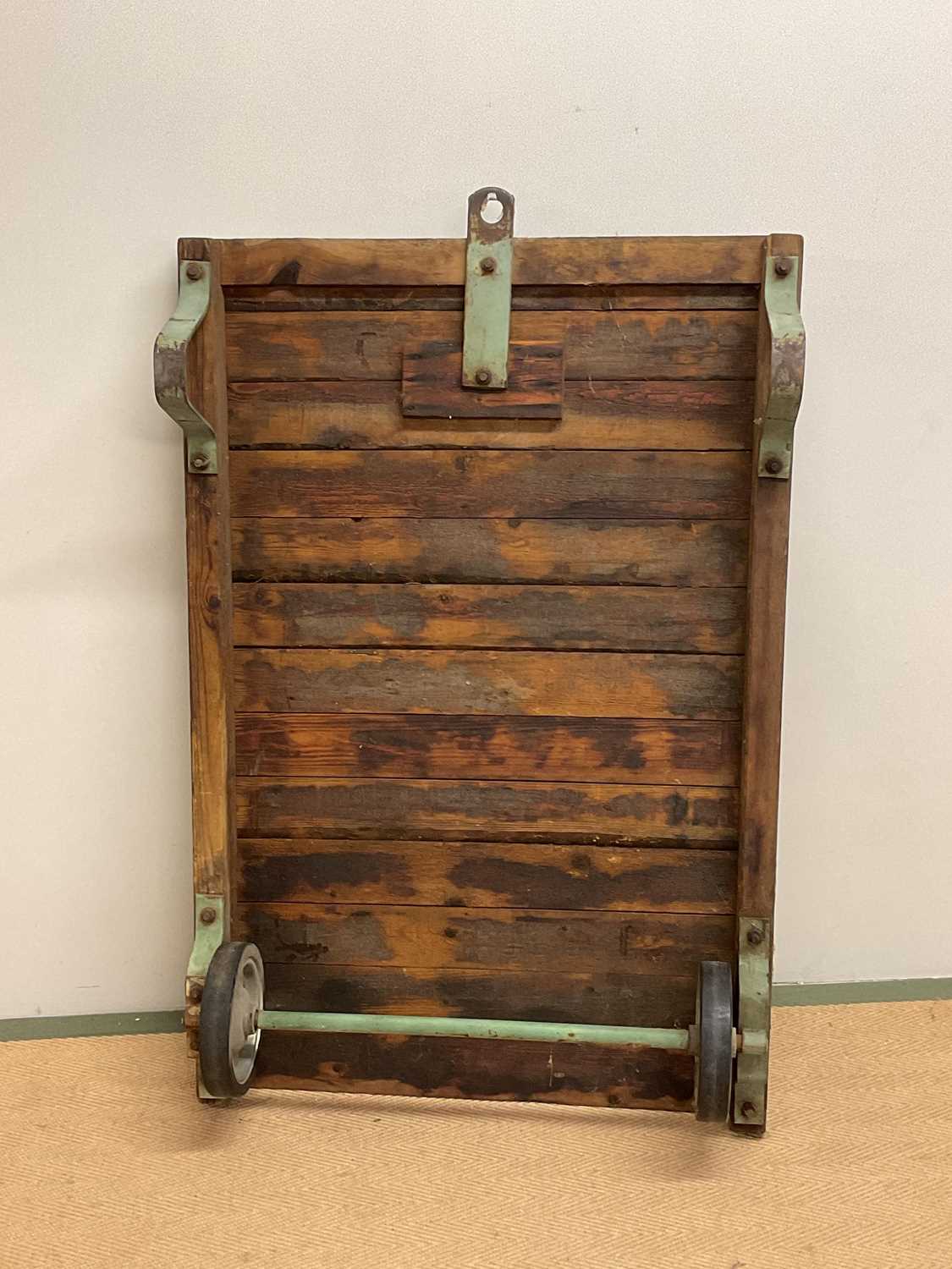 A mid 20th century station porter's luggage trolley/dolly with plank top, 120 x 80cm. - Image 3 of 4