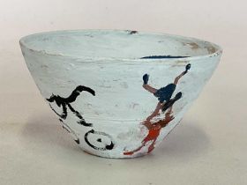 † SIMEON STAFFORD; a conical bowl hand painted by the artist with figures to both interior and