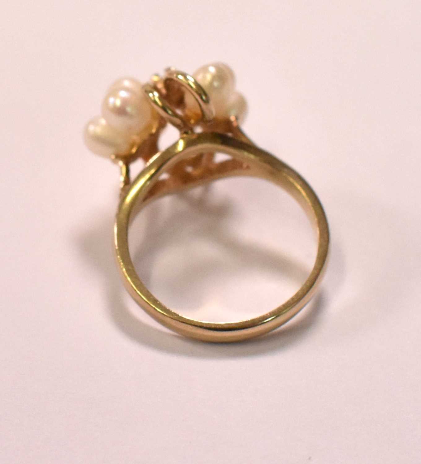 A 9ct yellow gold cultured pearl set ring, size H 1/2, and a 9ct yellow gold small band, size G 1/2, - Image 6 of 7