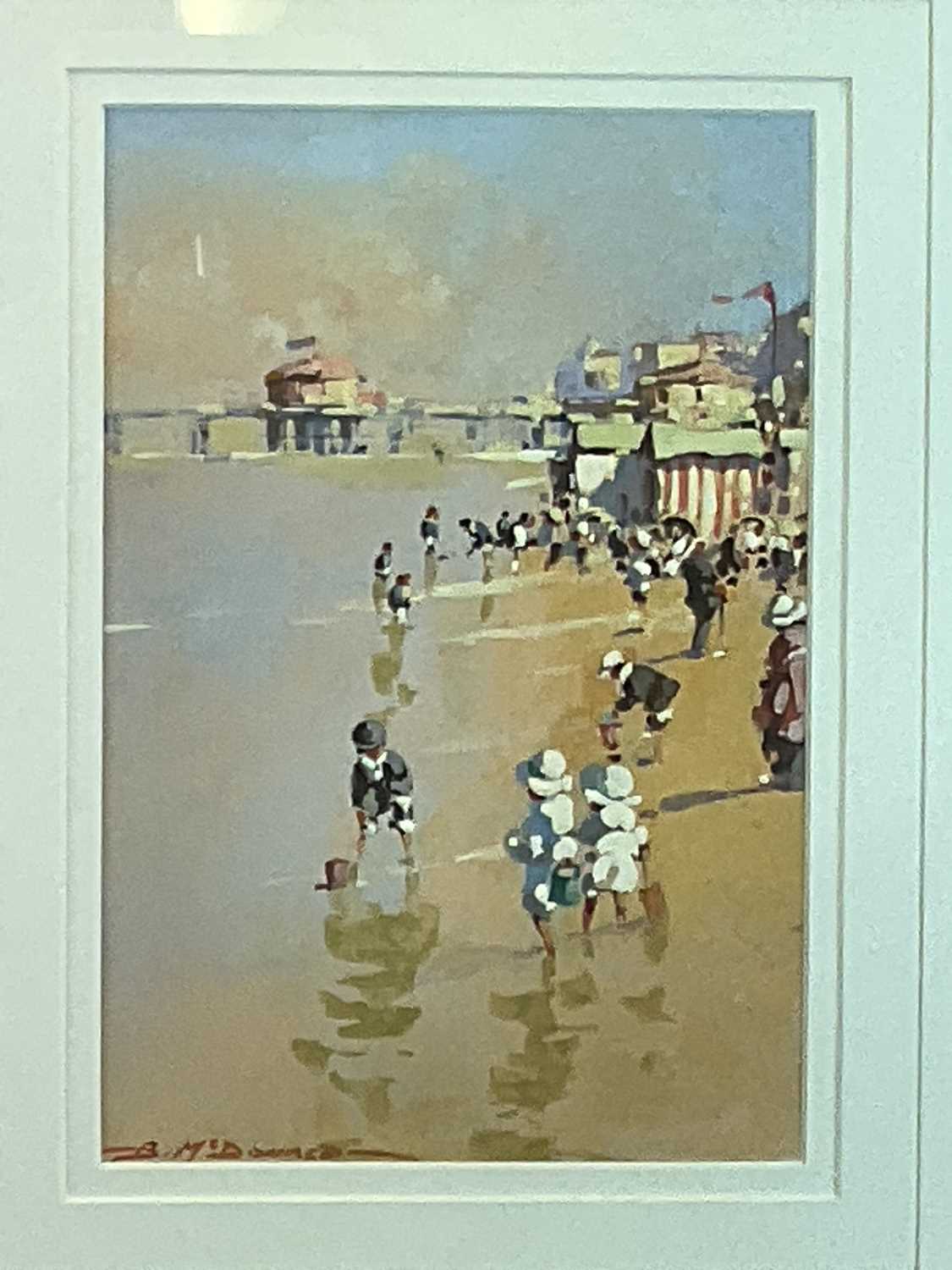 † BERNARD MCDONALD (born 1944); gouache, beach scene with children playing and with pier beyond, - Image 3 of 3