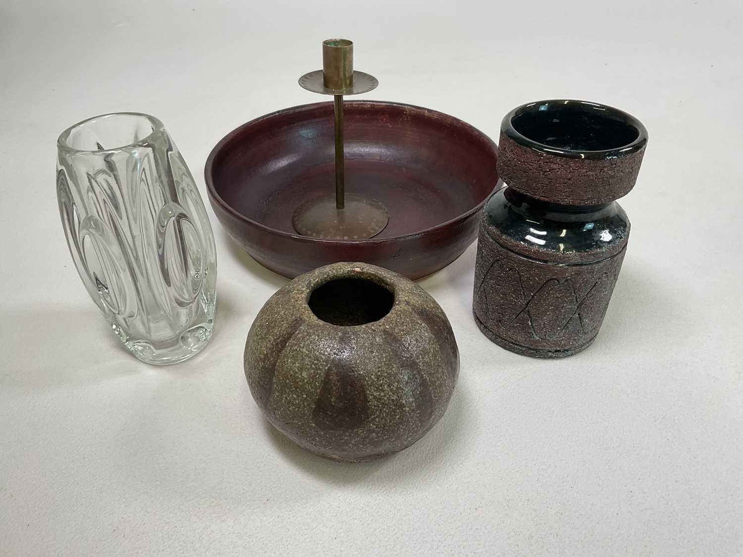 A Brutalist mid century vase by Gabriel Keramic, designed by Eke Bjeren, with other items comprising